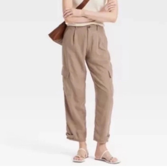 A New Day Linen Blend Cargo Pants Straight Leg Adjustable Ankle Size 14 Brown - Picture 1 of 15